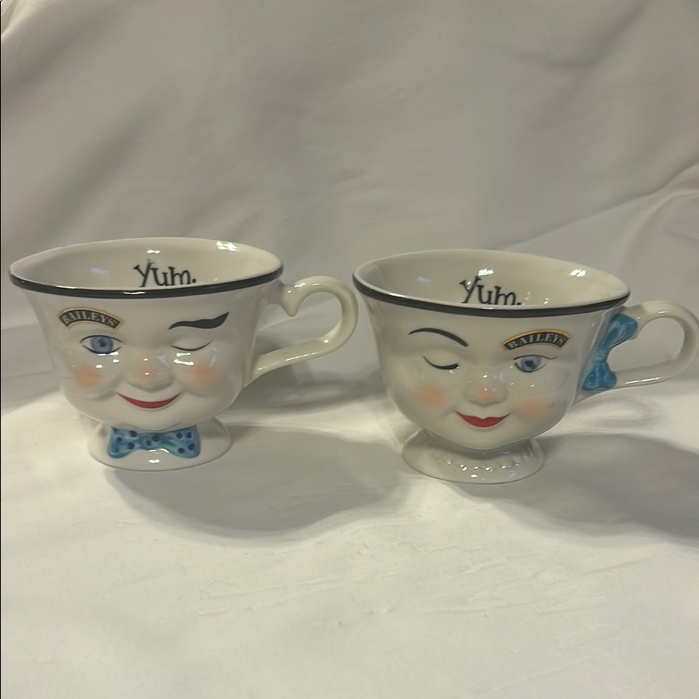 Whimsical Face Mugs - Set of 2, White and Blue
